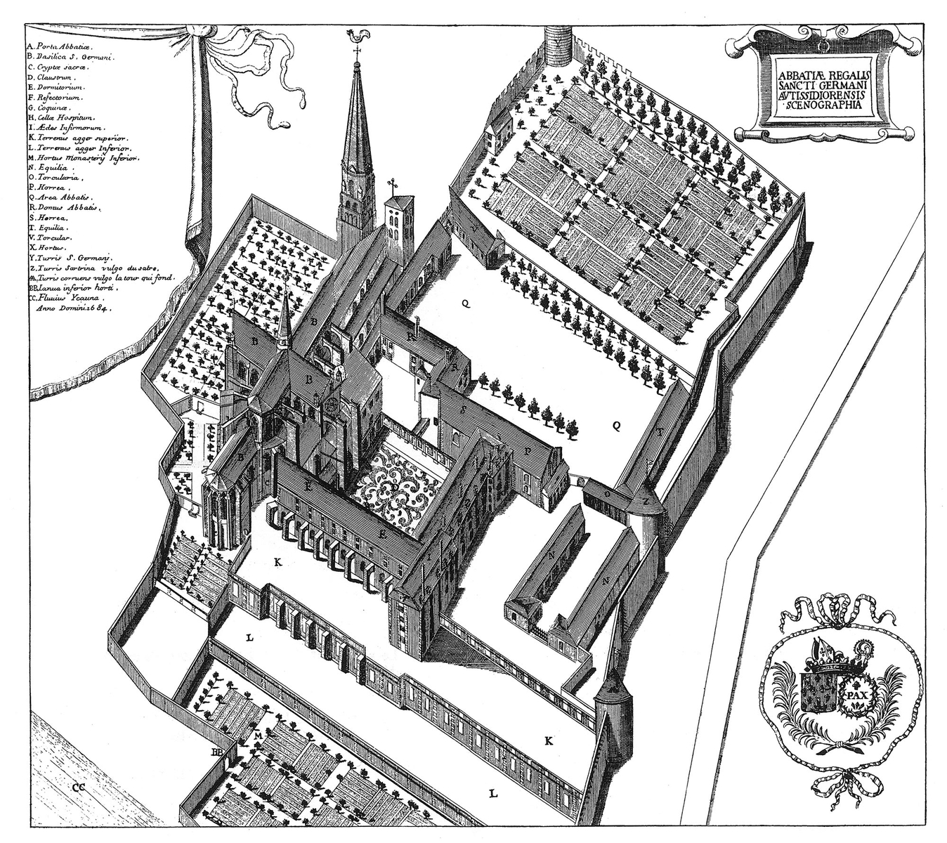 Abbaye Saint-Germain vers 1680, vue extraite du Monasticum gallicanum (éd. P. Delacourt, 1871)