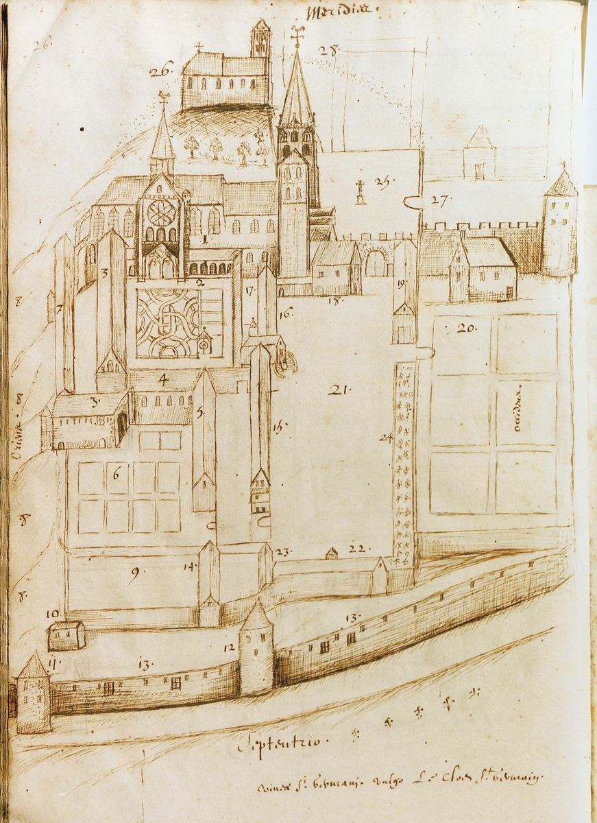 Abbaye Saint-Germain, vue perspective vers 1650 par Dom Cottron