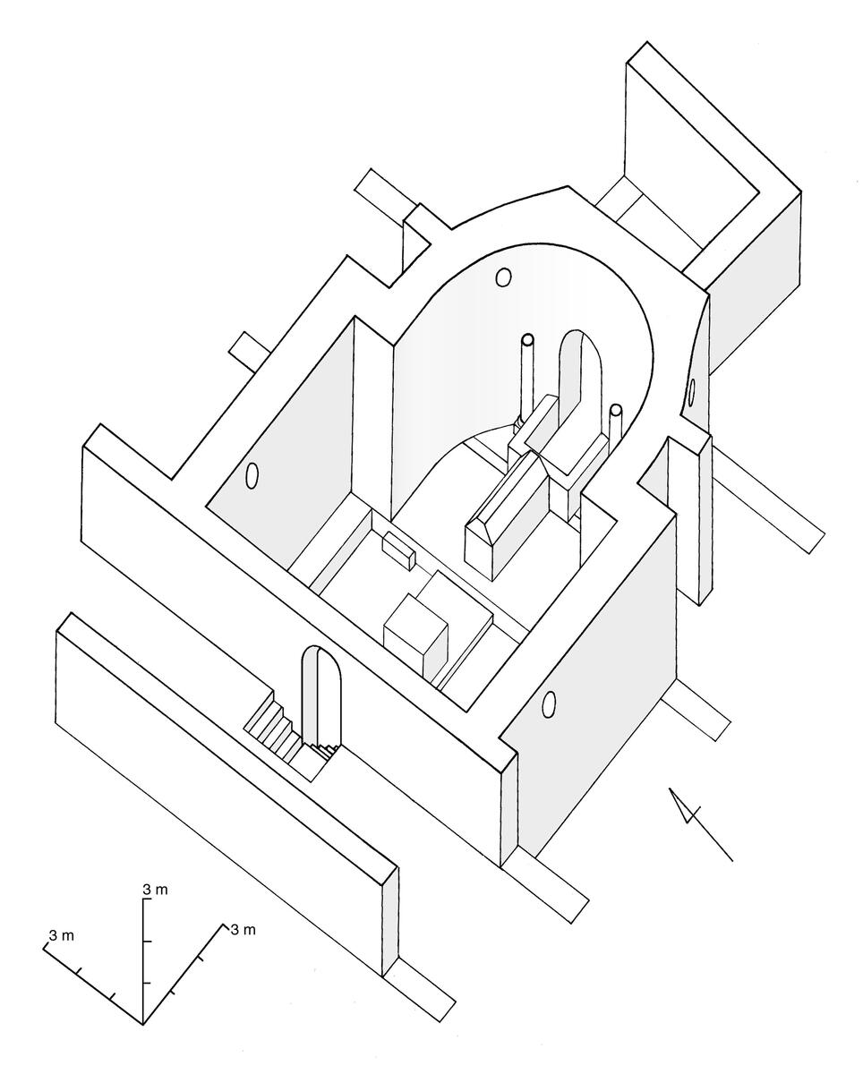 Crypte de Saint-Germain d'Auxerre, restitution axonométrique au VIIe et VIIIe siècle