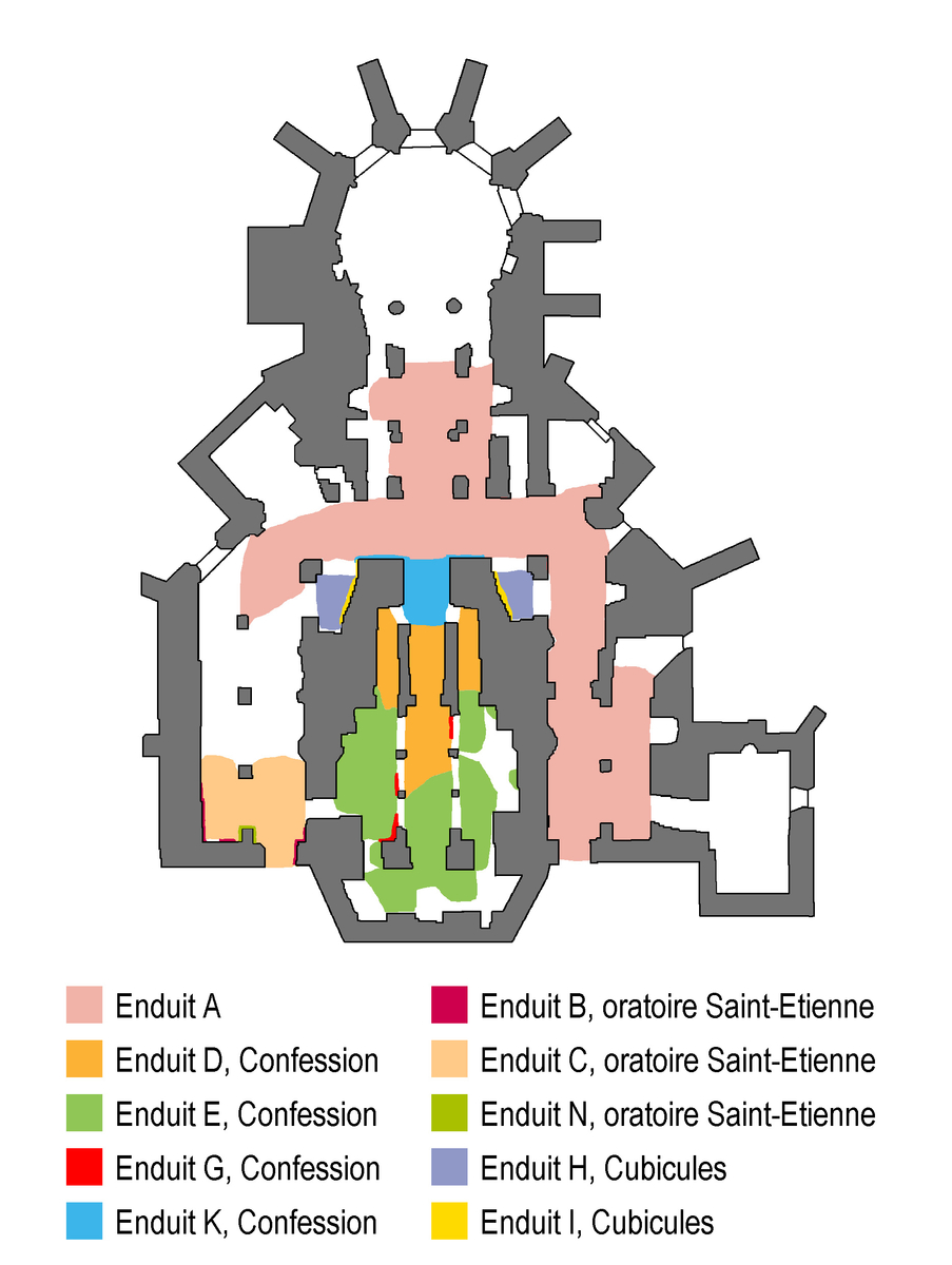 Crypte, plan général des principaux enduits carolingiens