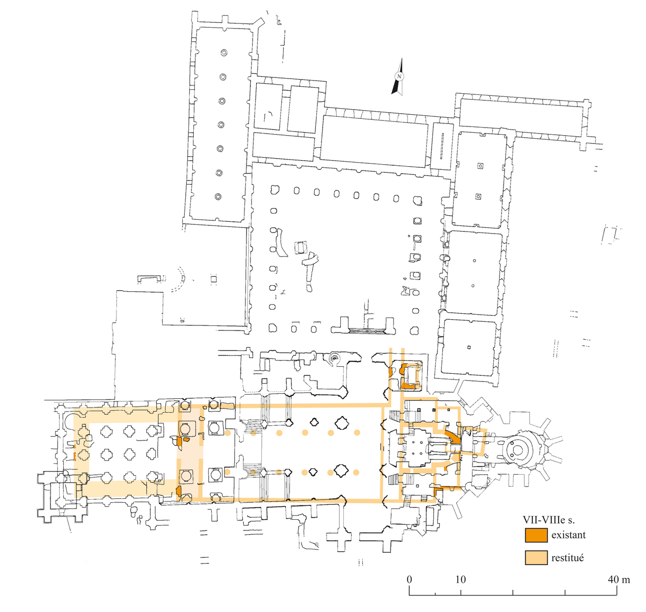 Abbaye, plan archéologique et restitution aux VIIe-VIIIe siècles