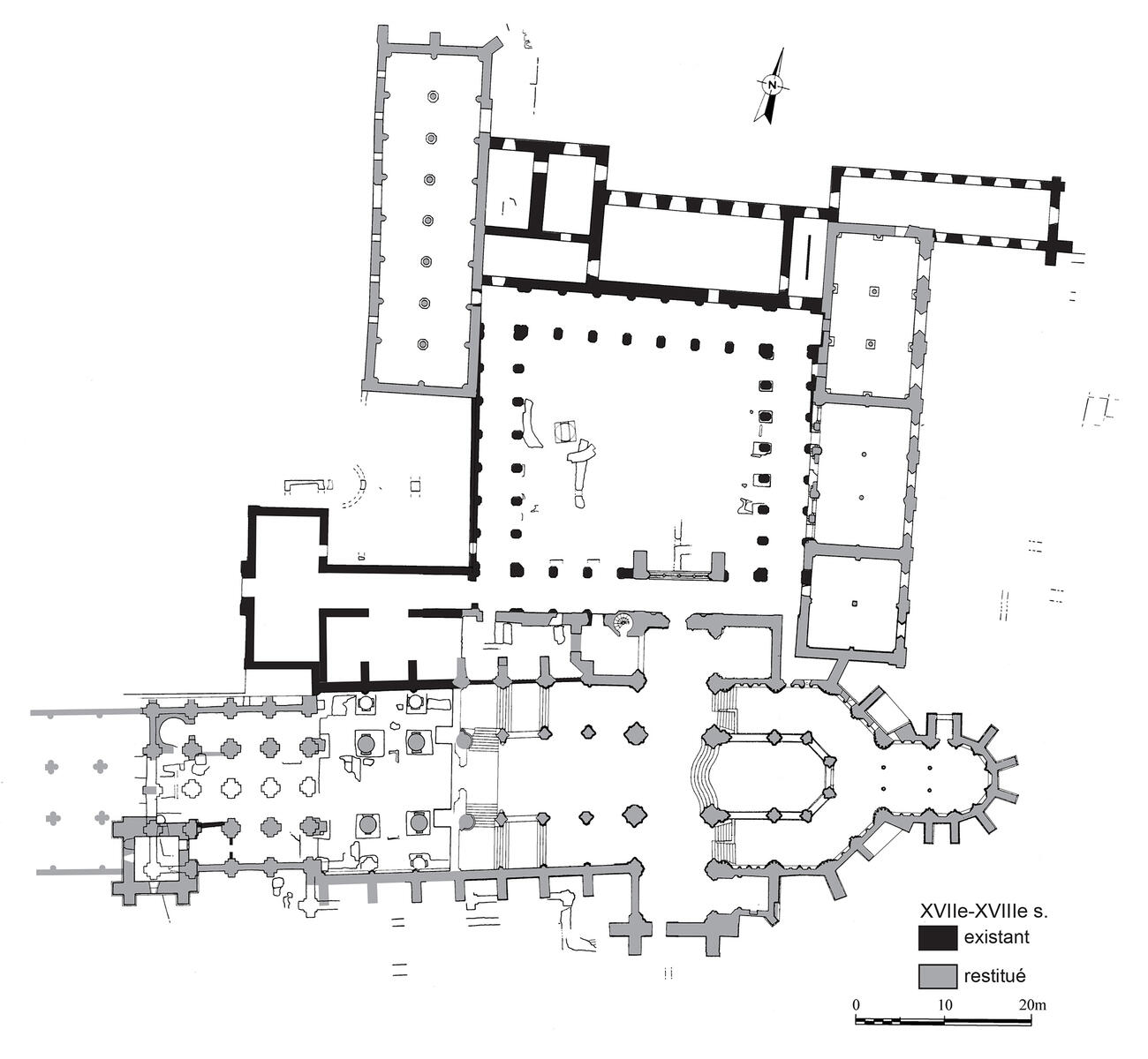 Abbaye  Saint-Germain, plan archéologique et restitution aux XVIIe-XVIIIe siècles