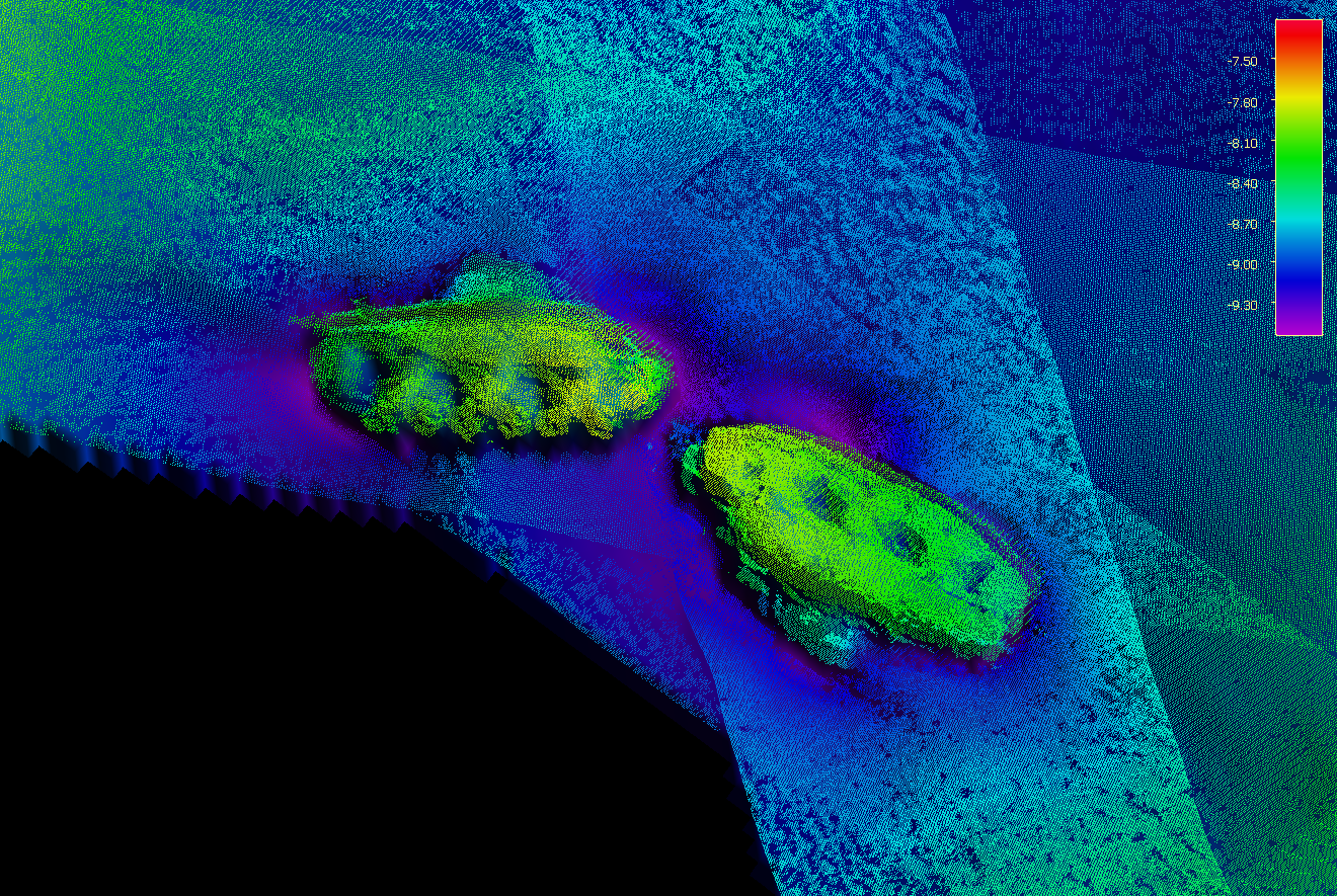 Levé au sondeur multifaisceau de deux chars amphibie au large d’Utah Beach