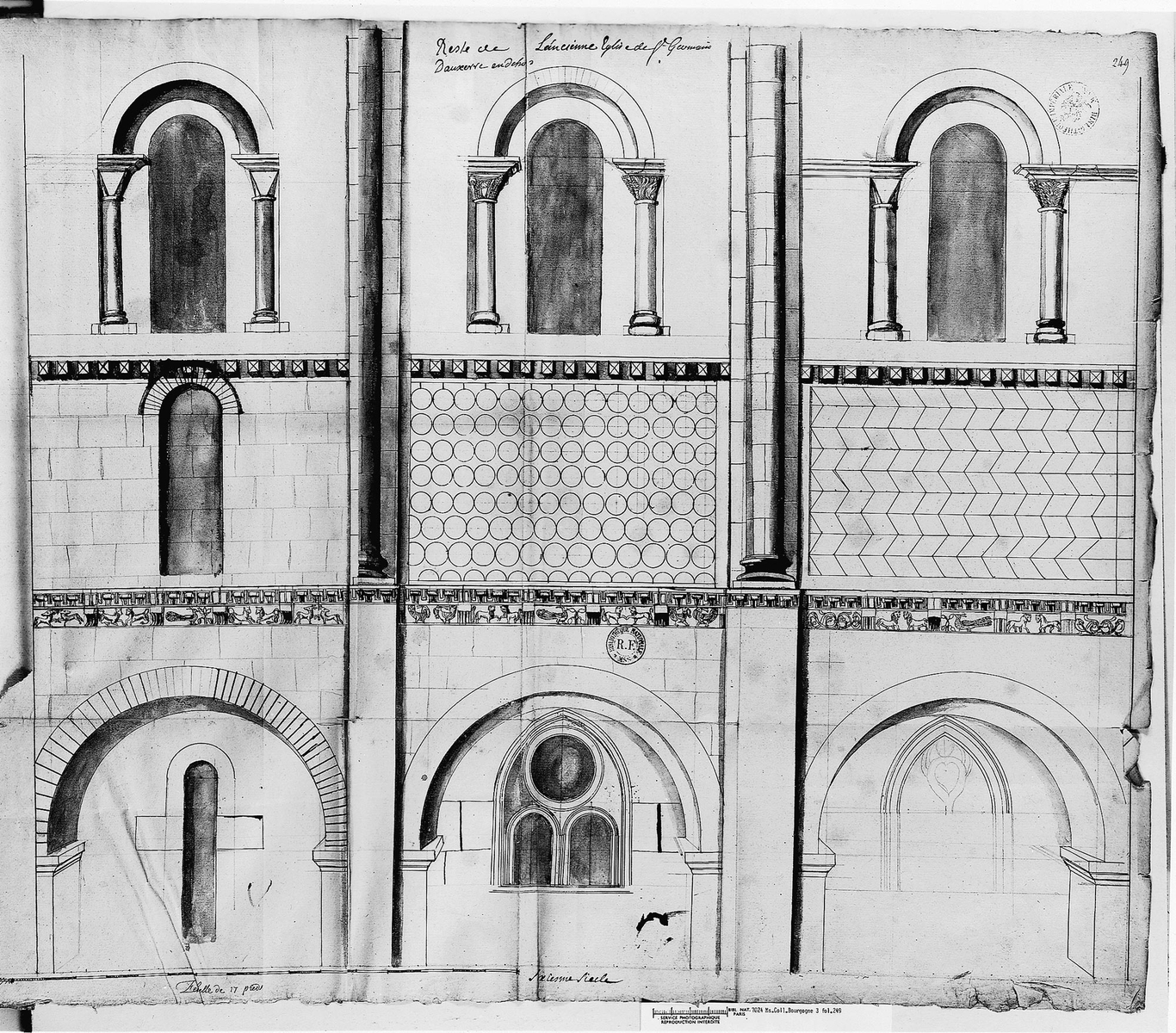 Avant-nef de l'abbatiale Saint-Germain d'Auxerre, élévation du mur extérieur sud par Dom Thivel vers 1725