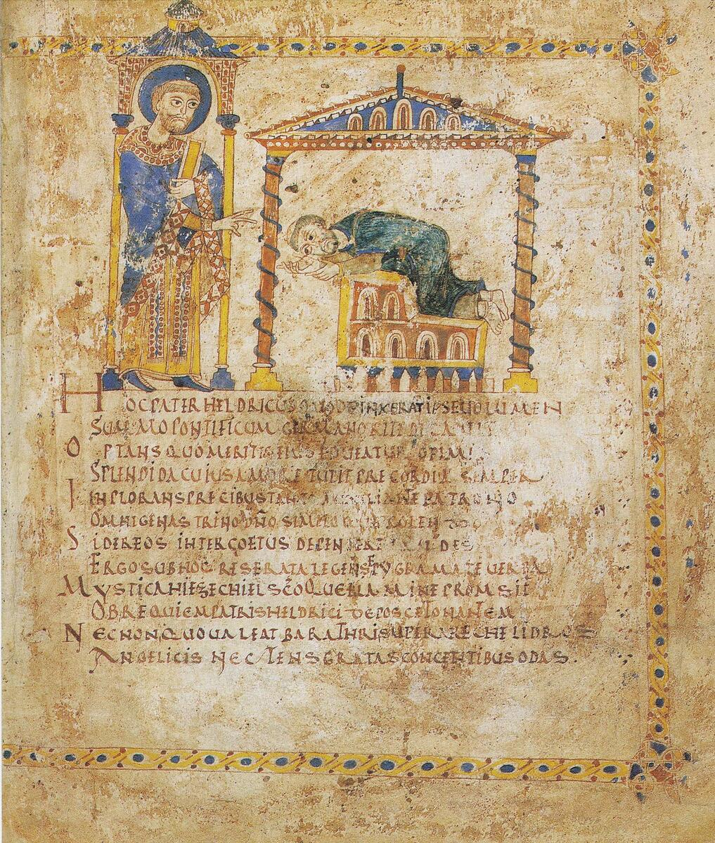 L'abbé Heldéric agenouillé devant saint Germain dans le Commentaire sur Ézechiel d'Haymon d'Auxerre, miniature du XIe siècle (BnF, ms. lat. 12302, fol. 2)