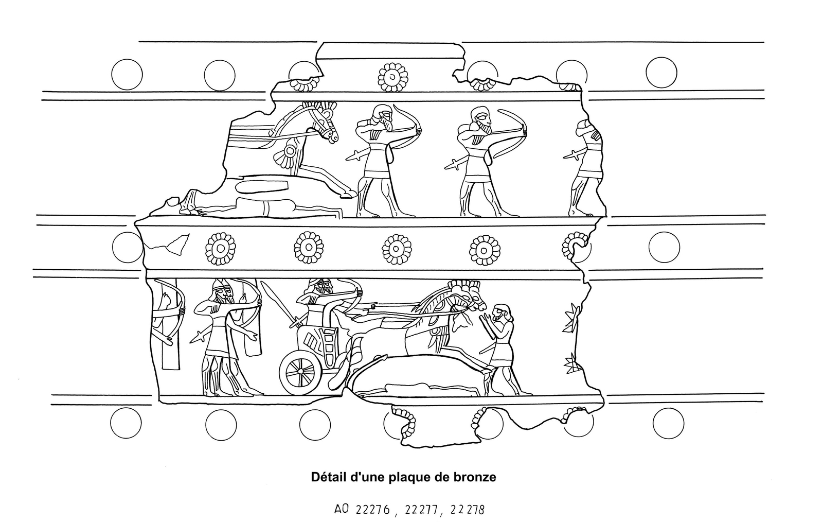 Dessin d’un fragment en alliage cuivreux provenant d’une porte de Balawat, conservé au musée du Louvre