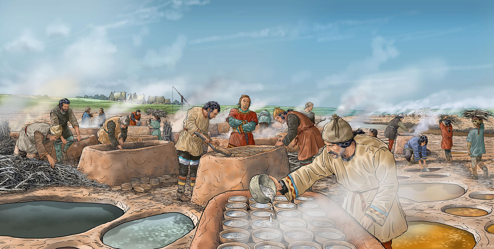 Les sauniers du premier âge du Fer de Marsal (Moselle) au travail. Reconstitution Loïc Derrien