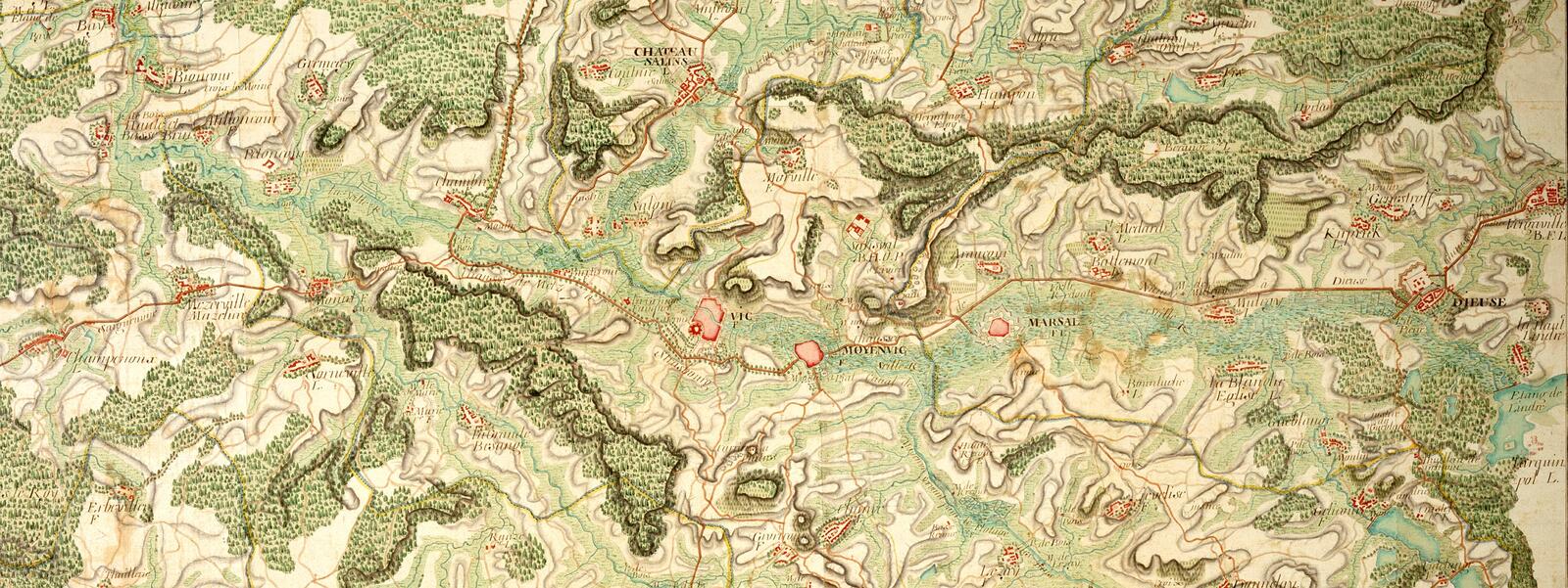 Carte des Cassini représentant la vallée de la Seille au XVIIIe siècle. Nancy, archives départementales de Meurthe-et-Moselle.
