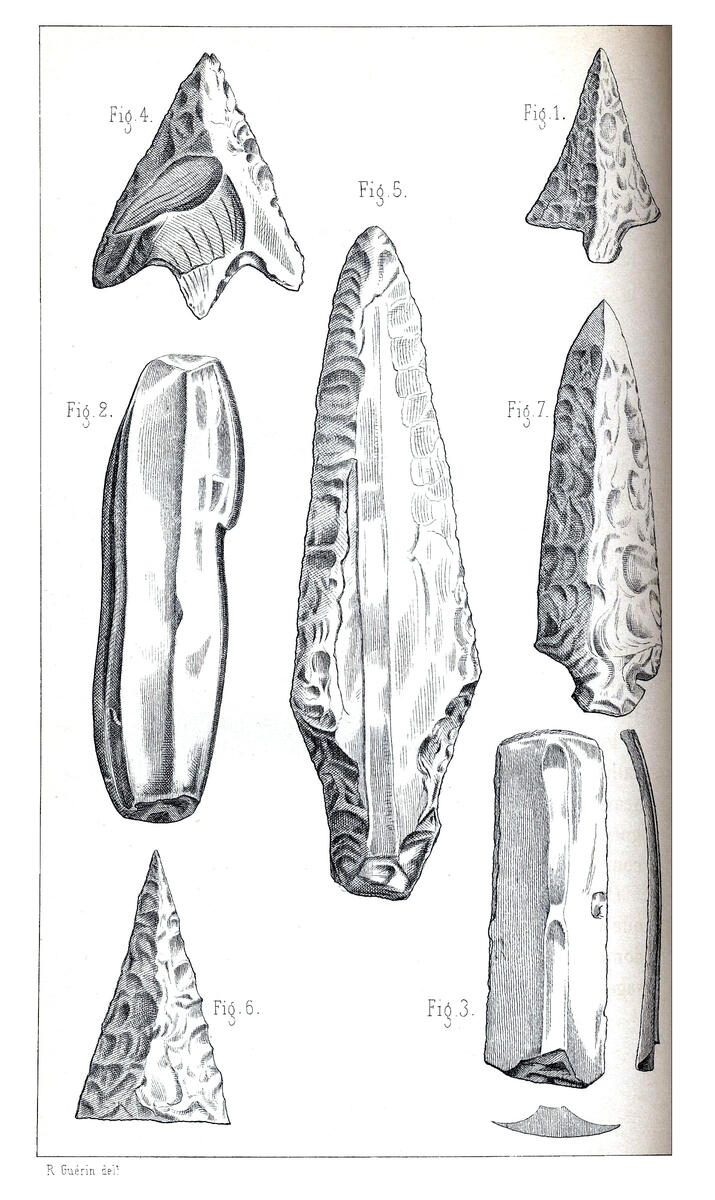 Poignard, lames et pointes de flèches provenant de la sépulture néolithique des Cachettes à Salonnes (Moselle)