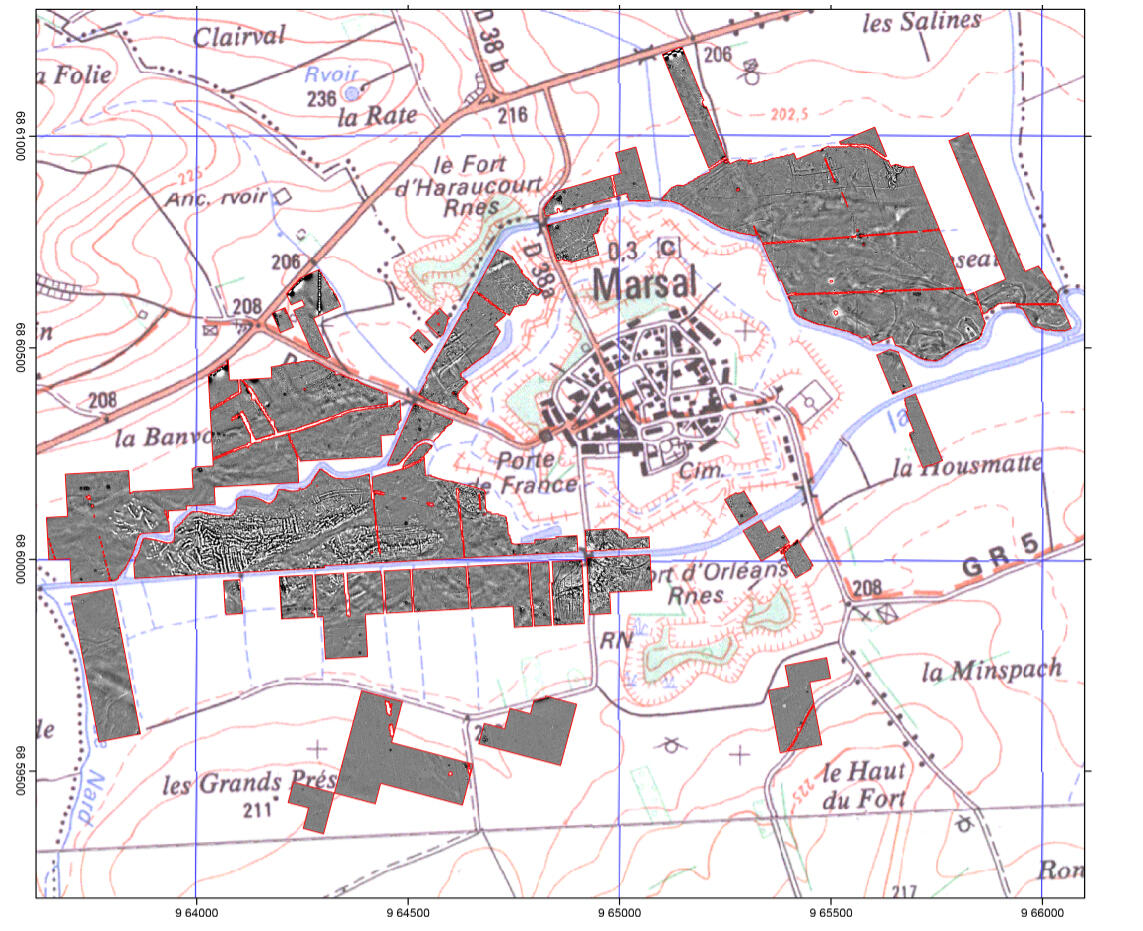 Carte des prospections géomagnétiques réalisées dans le secteur de Marsal (Moselle)