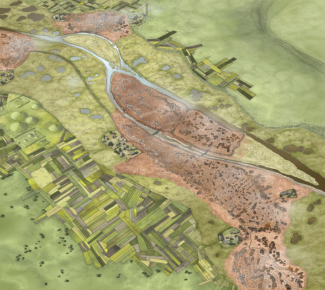 Vue aérienne des sites d’ateliers de sauniers du premier âge du Fer du Pransieu à Marsal (Moselle)