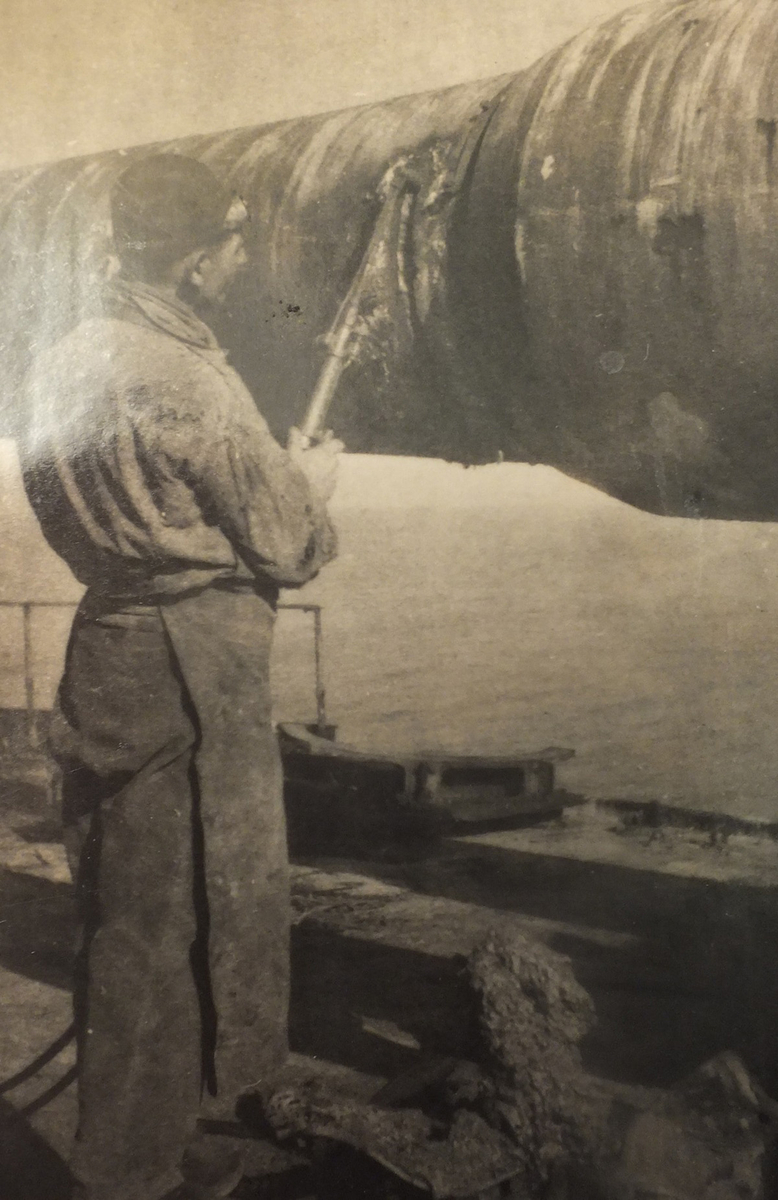 Découpage d’un canon de 305 mm sur l’épave du cuirassé Courbet par un chalumiste de la société de ferraillage La Sirène