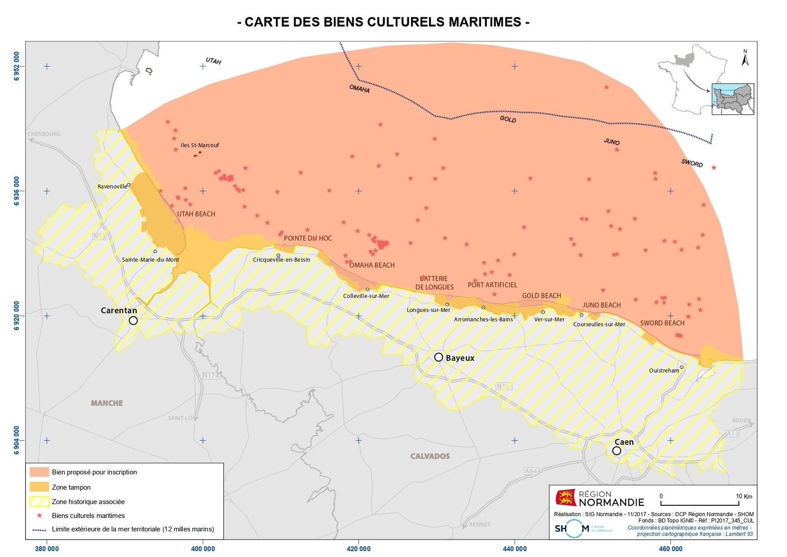 Carte des vestiges maritimes situés dans le périmètre du bien proposé à l'inscription