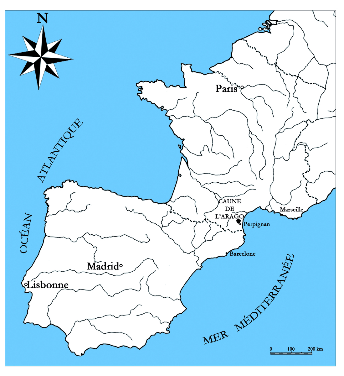 Carte du sud-ouest européen permettant de localiser la Caune de l’Arago. 