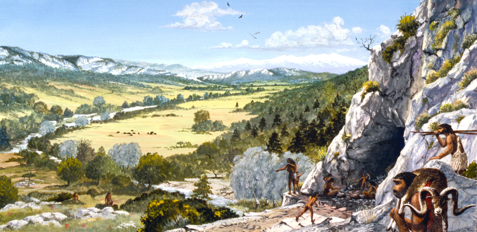 Dessin de la grotte et de la vallée de Tautavel il y a 450 000 ans. 