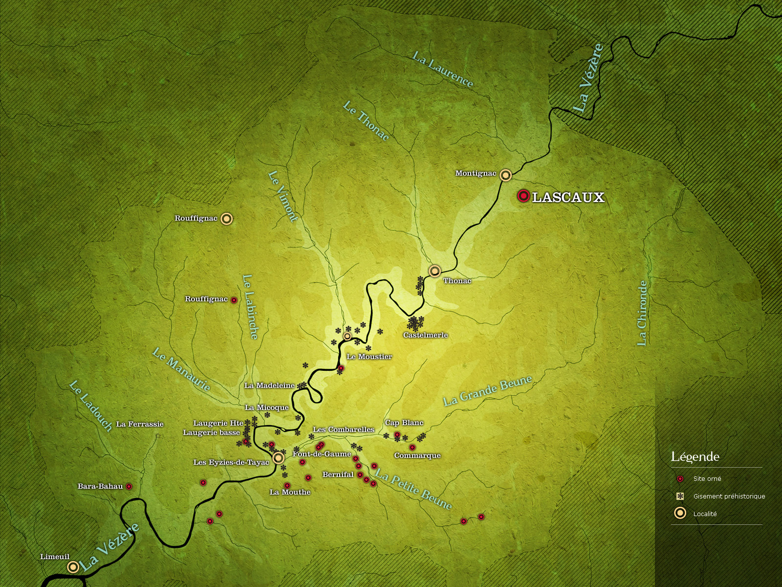 Carte de localisation des sites préhistoriques dans la Vallée de la Vézère