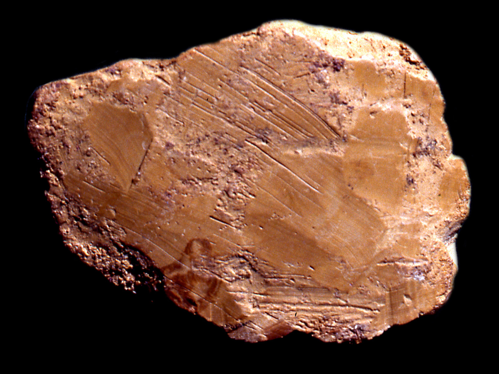 Photographie d'un élément lithique portant des traces de pigments ou de grattages