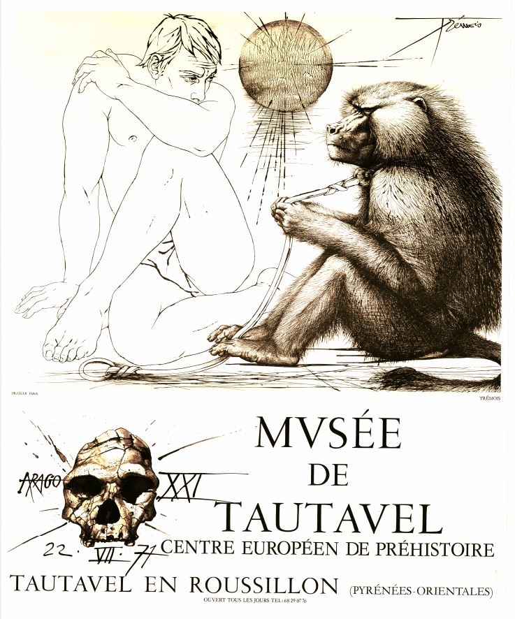 Affiche du Musée de Préhistoire de Tautavel, dessiné en 1979, par Pierre-Yves Trémois, à l'occasion de l'inauguration du Musée de Préhistoire de Tautavel, le samedi 11 juillet 1979. L'Homme de Tautavel.