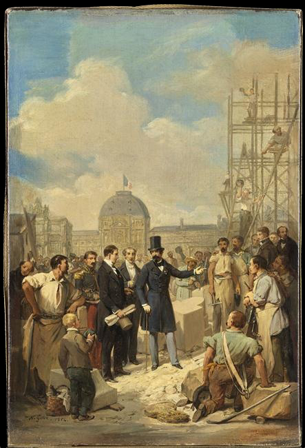Peinture représentant Napoléon III visitant le chantier du Louvre et ses ouvriers