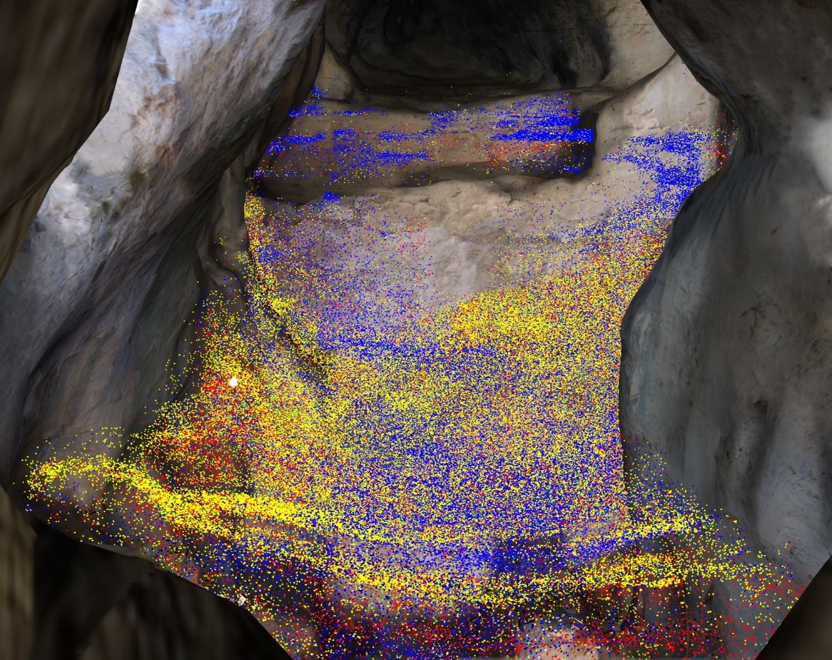 Modèle virtuel de la Caune de l'Arago avec les objets coordonnés. L'Homme de Tautavel.