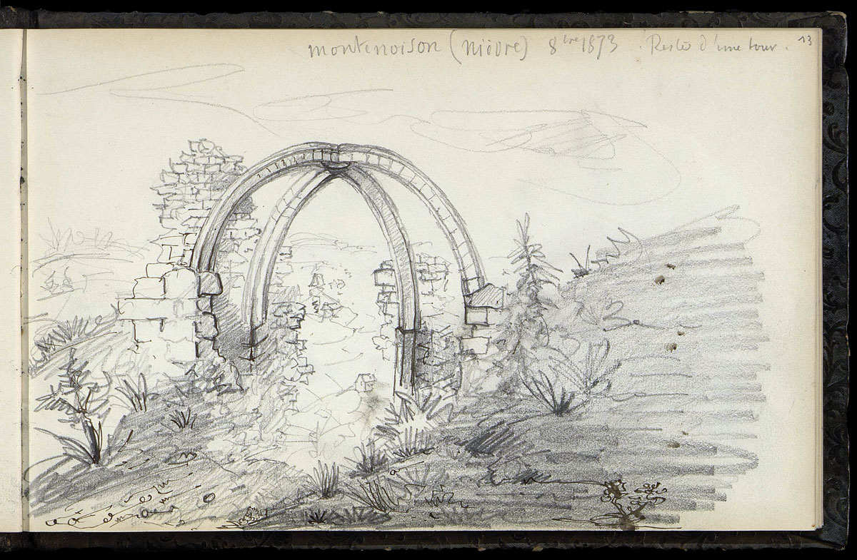 Dessin d'un paysage avec des ruines tiré du carnet 3 de Pierre-Charles Robert