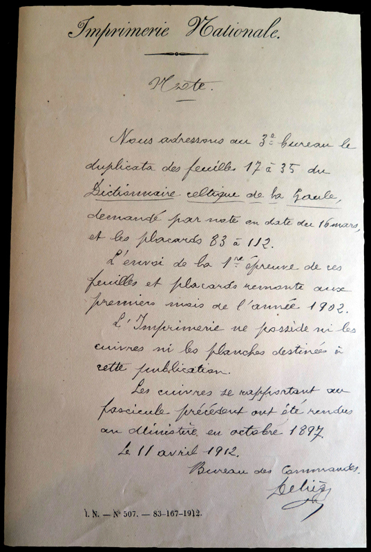 Lettre manuscrite de l'Imprimerie Nationale à Salomon Reinach datée du 11 avril 1912