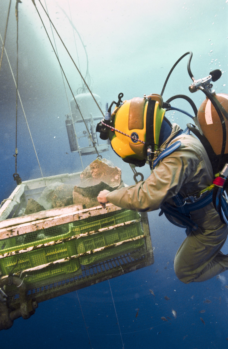 Photographie d'un plongeur remontant les objet découverts dans une panier