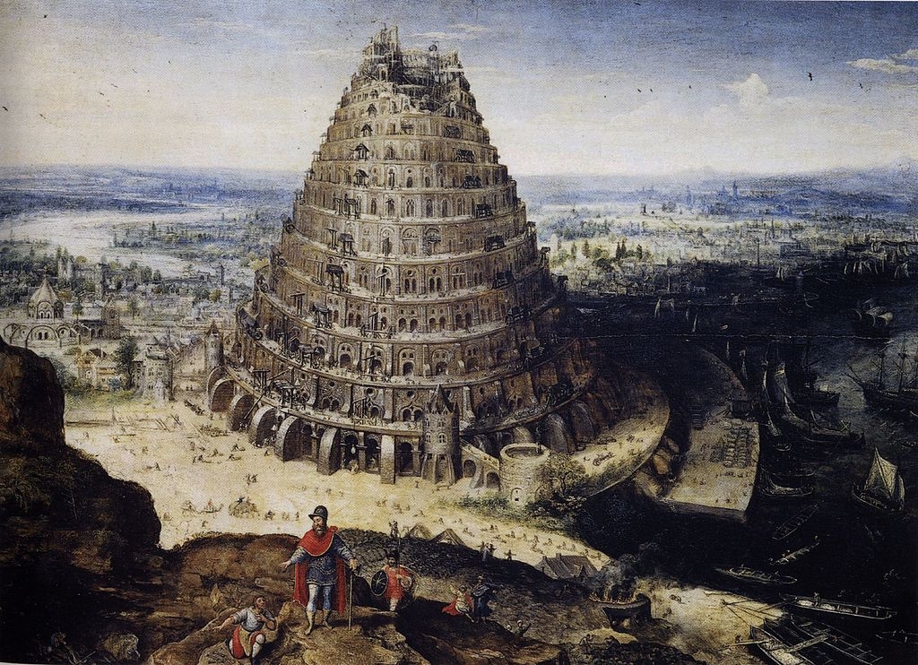 Tableau représentant la tour de Babel, ronde, en construction