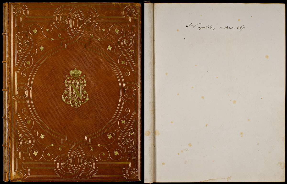 Couverture de l'Histoire de Jules César et page dédicacée par Napoléon III