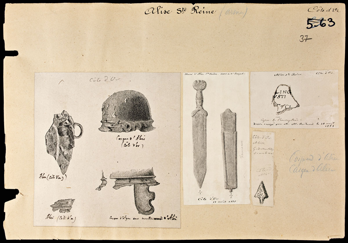 Planche représentant des dessins des armes découvertes à Alise-Sainte-Reine