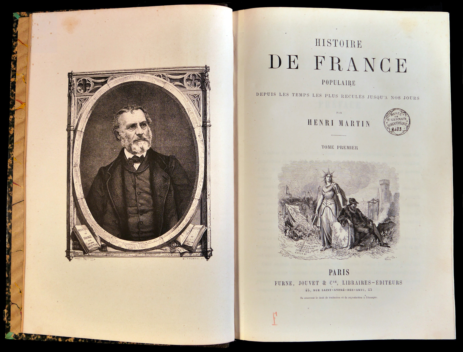Page de garde de l'ouvrage Histoire de France populaire rédigé par Henri Martin et accompagné de son buste
