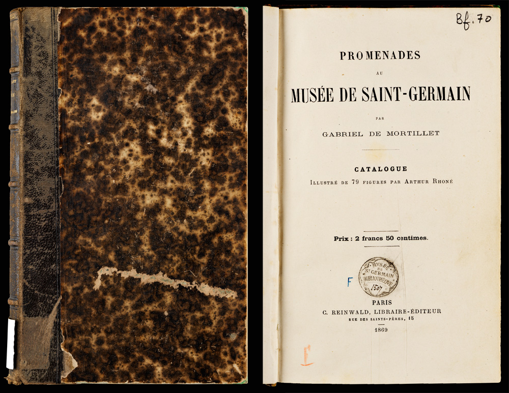 Deuxième de couverture et page de titre de Promenades au musée de Saint-Germain de Gabriel de Mortillet, publié en 1869