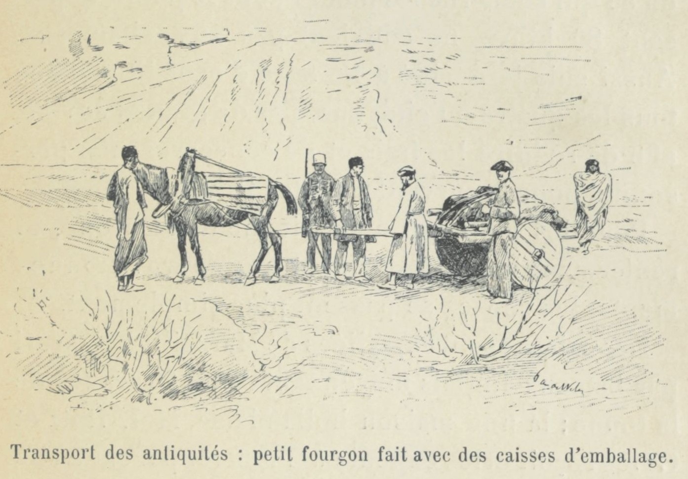 Dessin illustrant le transfert des collection de Suse jusqu'en France (musée du Louvre, musée d'Archéologie nationale...)