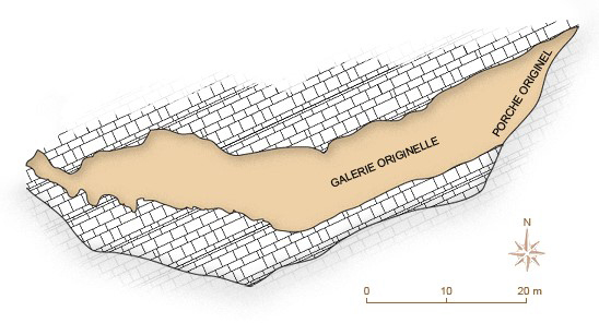 Reconstitution du plan de la Caune de l’Arago avant le recul du porche et l’ouverture de la fenêtre. L'Homme de Tautavel.