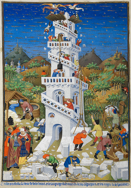 Enluminure sur un manuscrit médiéval représentant la construction de la tour de Babel