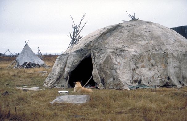 Vue d’un campement d’éleveurs de rennes du Kamchatka (Atchaïvaïam, Kamchatka, 1998)