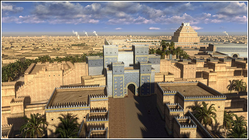 Reconstitution de Babylone montrant la porte d'Ištar et la ziggurat