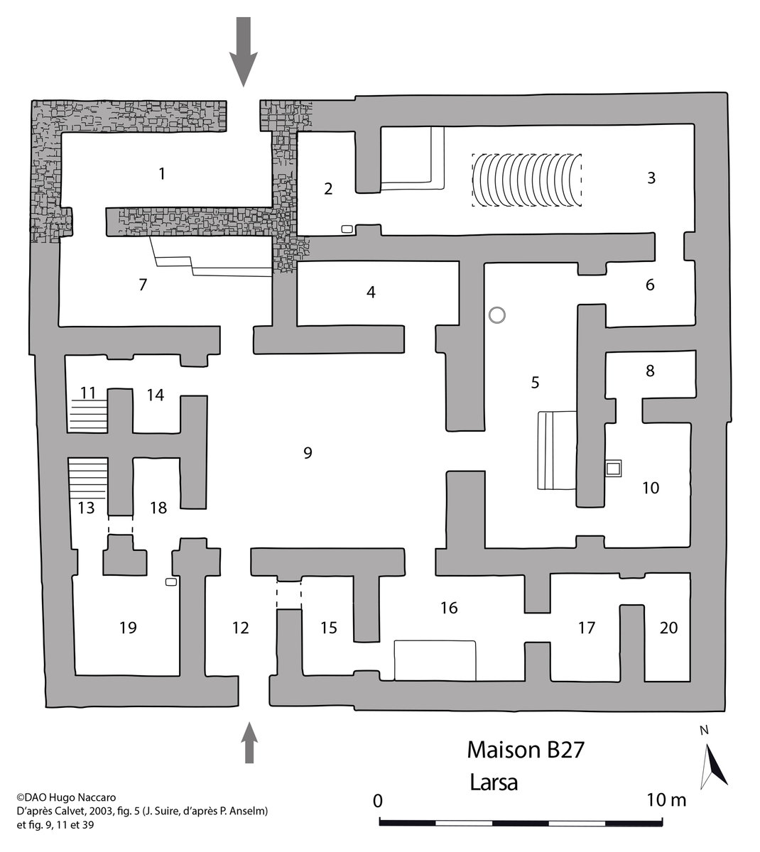 Plan de la maison B 27. © Hugo Naccaro, d’après Calvet, 2003, fig. 5 (J. Suire, d’après P. Anselm) et fig. 9, 11 et 39