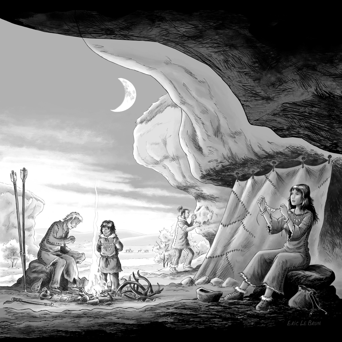 Restitution d'une scène de vie sous abri au paléolithique  Illustration Éric Le Brun. © Castel Merle / Isabelle Castanet-Daumas