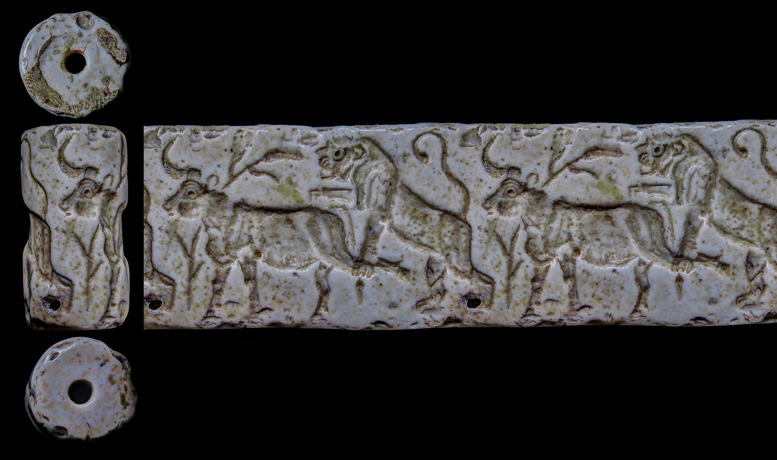 Un lion attaque un taureau par derrière en le saisissant par une patte. Matériau: marbre, hauteur: 34 mm. Époque d'Uruk (3500-2900 av. J.-C.). Mésopotamie du Sud. DMMA, BnF D2, P475970.   