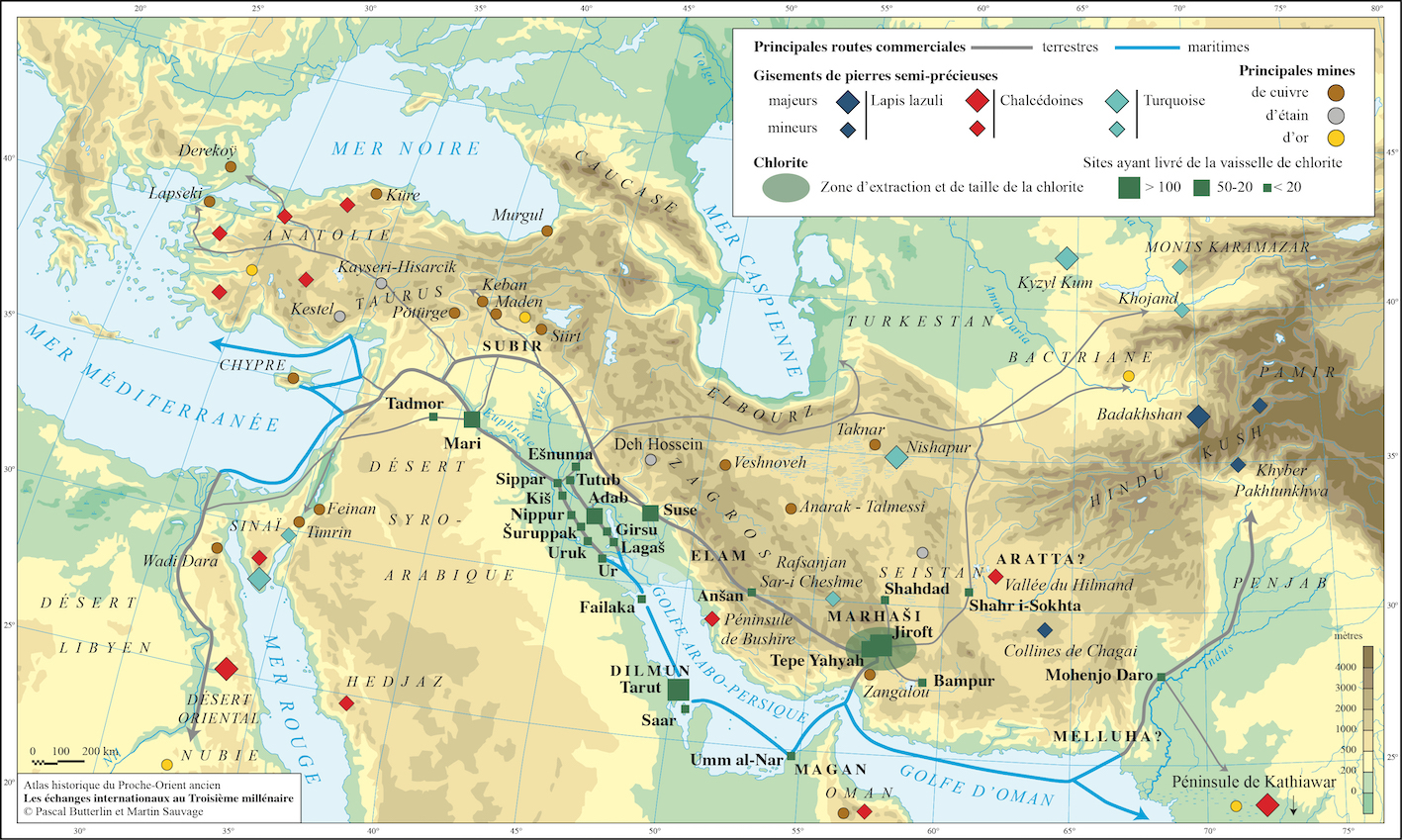 Cette carte rend indique la localisation des principaux gisements connus de pierres semi-précieuses dans diverses diverses régions d'Asie centrale au IIIe millénaire av. notre ère et des routes commerciales à longue distance empruntées pour leur importation.