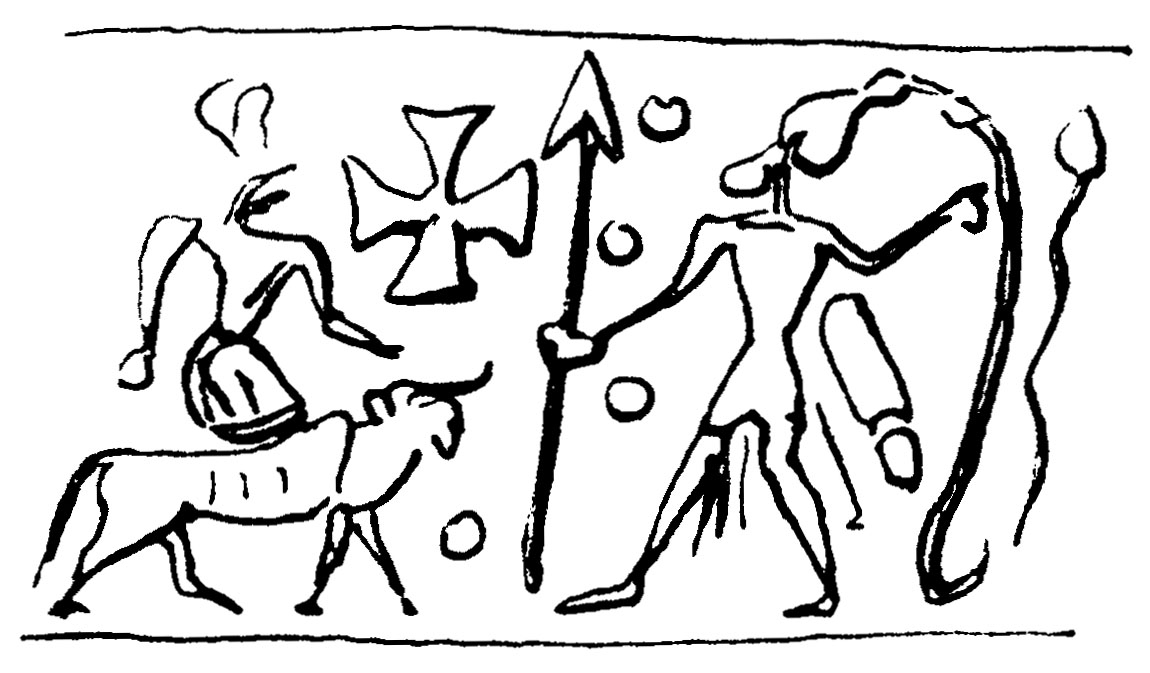 Personnage armé et personnage en amazone sur un taureau 