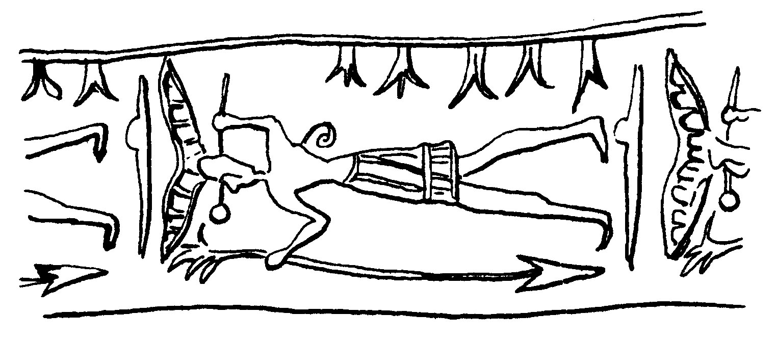 Personnage armé sous un disque ailé 