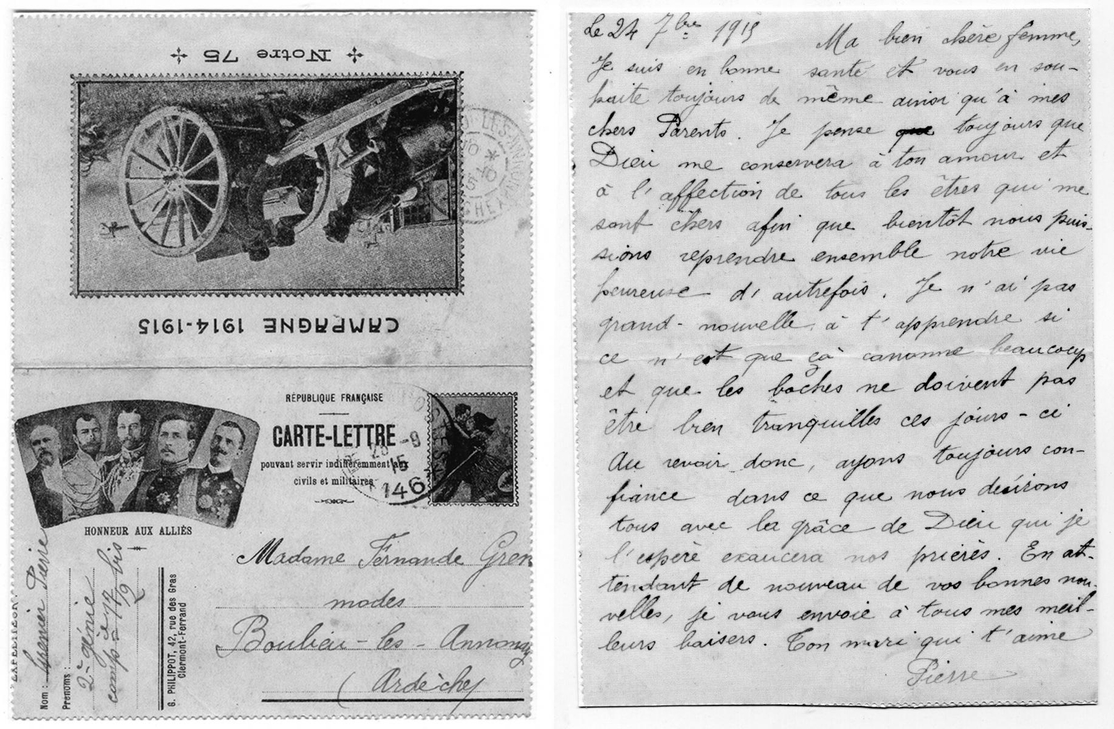 Carte lettre du soldat Pierre Grenier à sa femme, datée du 24 septembre 1915 - Fonds documentaire de la famille Grenier