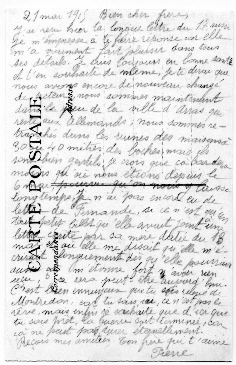 Texte de la carte postale envoyée par le soldat Pierre Grenier à son frère et datée du 21 mai 1915 - Fonds documentaire de la famille Grenier