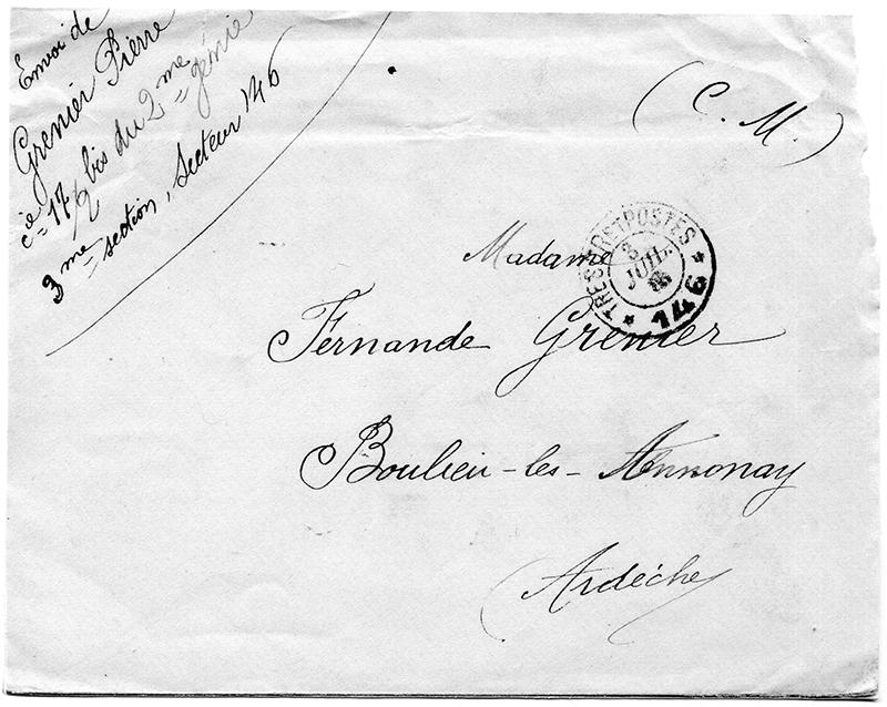 Enveloppe d'une lettre envoyée par le soldat Pierre Grenier à sa femme - Fonds documentaire de la famille Grenier