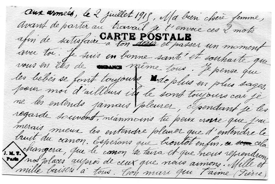 Carte postale envoyée par le soldat Pierre Grenier à sa femme le 2 juillet 1915 - Fonds documentaire de la famille Grenier
