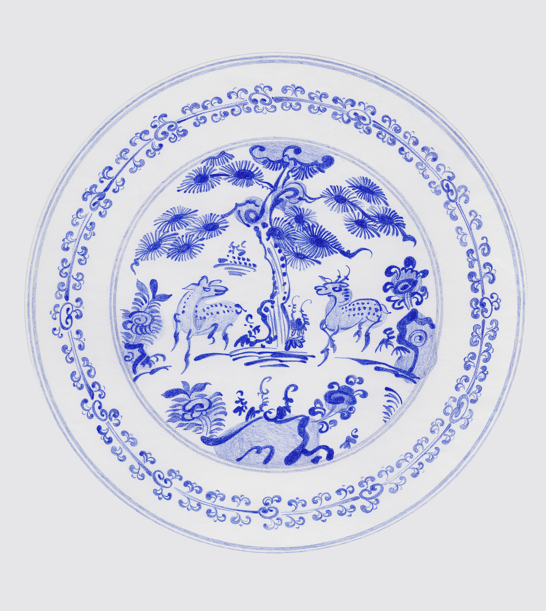 Dessin d'une reproduction d'un plat en porcelaine de l'époque Ming