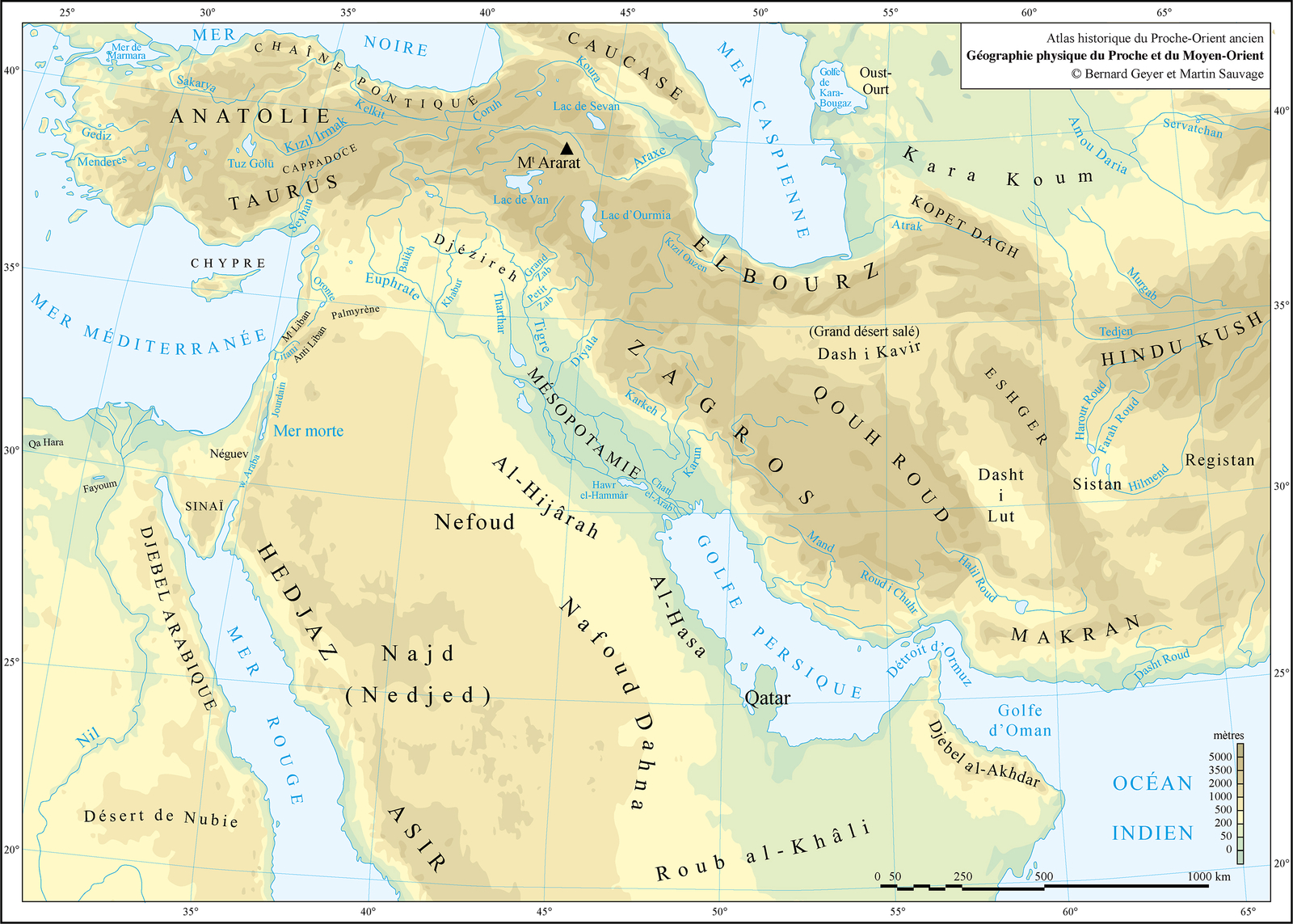 Carte géographique physique de la Mésopotamie