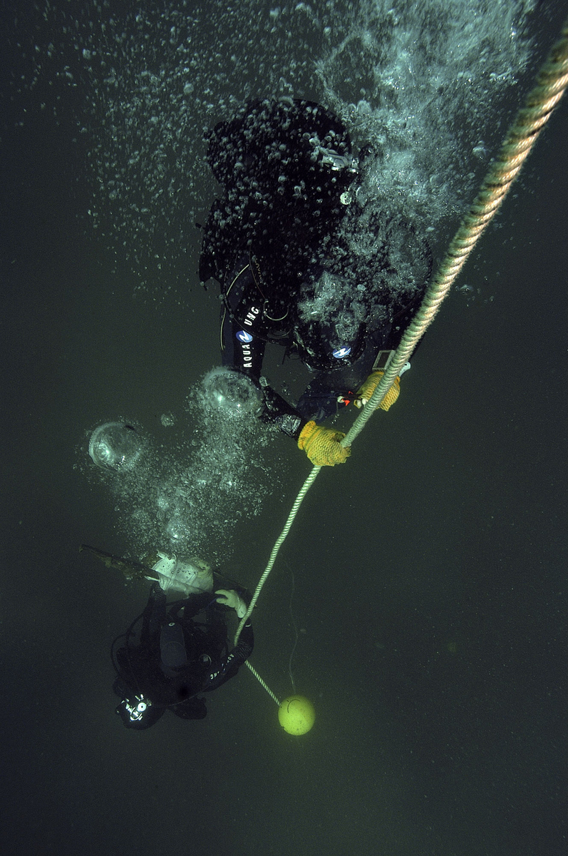 Photographie sous marine d'un plongeur accroché à la ligne de vie